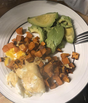 sweet potatoes, eggs and avocado